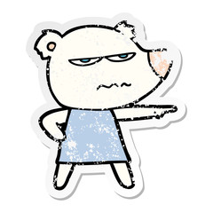 distressed sticker of a cartoon angry bear polar girl pointing