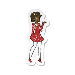 retro distressed sticker of a cartoon pretty woman in dress