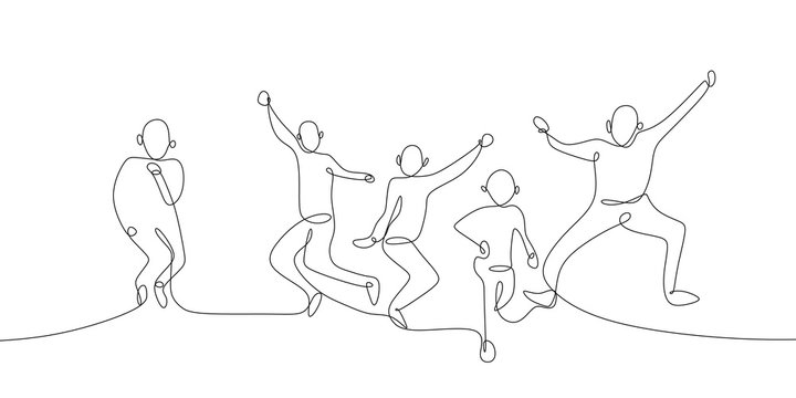continuous one line drawing of four jumping happy team members celebration vector illustration