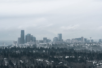 Fototapeta na wymiar Long exposure of Seattle skyline after snowstorm in 2019