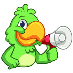 Arte de papagaio segurando um megafone. Pássaro falante