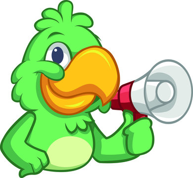 recommend clip art: Arte de papagaio segurando um megafone. Pássaro falante