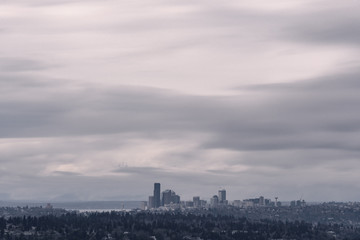 Fototapeta premium Long exposure of Seattle skyline after snowstorm in 2019