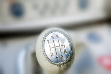 Close-up of Ball shift knob automatic transmission. Closeup car gearbox with blurred background....
