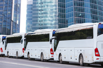 Tourist buses on a city street