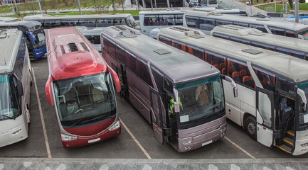 Tourist Buses in the parking in the city center. © Yuri Bizgaimer