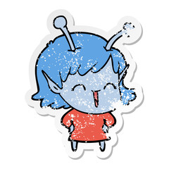 distressed sticker of a cartoon happy alien girl