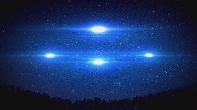 Four mysterious blue lights appear in the night sky, hover in formation, then disappear. Possible abduction scenario.  	