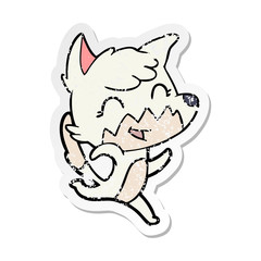 distressed sticker of a happy cartoon fox