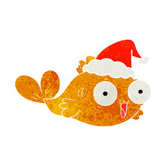 happy goldfish retro cartoon of a wearing santa hat