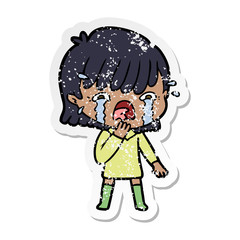distressed sticker of a cartoon girl crying