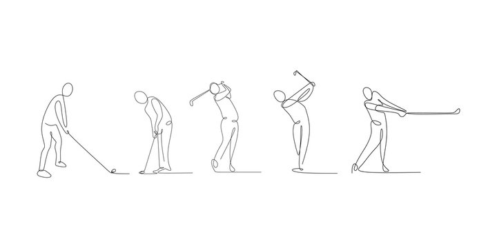 Continuous Line Drawing Set Of Golf Player With Sport Game Theme.