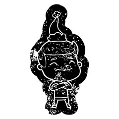 happy cartoon distressed icon of a man wearing santa hat