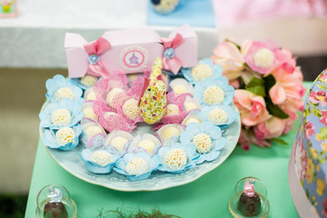 Sweets and decoration on the table - Children's birthday garden theme