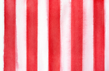Fototapeta premium Red and white decorative stripes watercolor background. Handdrawn water color graphic drawing on textured paper. Backdrop for creative design, web page wallpaper, greeting card, poster, print, decor.