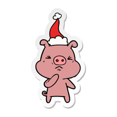 sticker cartoon of a angry pig wearing santa hat
