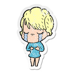 distressed sticker of a cartoon woman crying