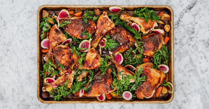Roasted Chicken with carrots, radishes, and pomegranate 