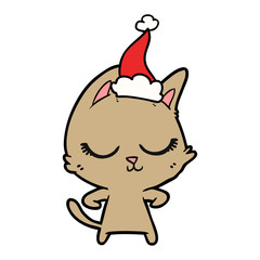 calm line drawing of a cat wearing santa hat