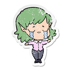 distressed sticker of a cartoon crying elf girl