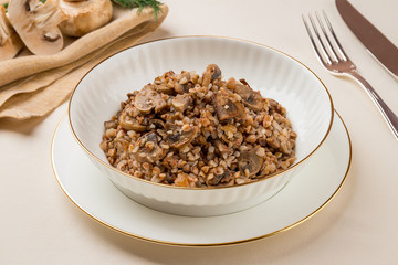 Fried buckwheat porridge with onions and mushrooms