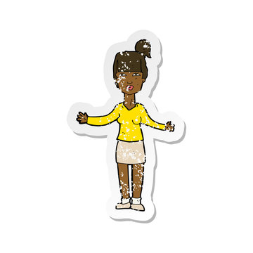 recommend clip art: retro distressed sticker of a cartoon woman shrugging shoulders