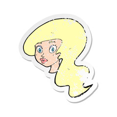 retro distressed sticker of a cartoon pretty female face