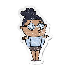 distressed sticker of a cartoon woman wearing glasses