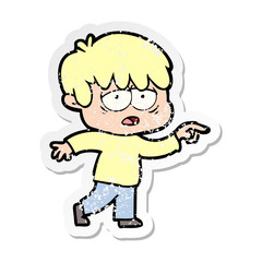 distressed sticker of a cartoon exhausted boy