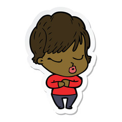 sticker of a cartoon woman with eyes shut
