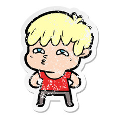 distressed sticker of a cartoon curious man