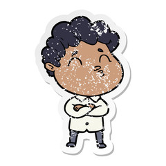 distressed sticker of a cartoon man pouting