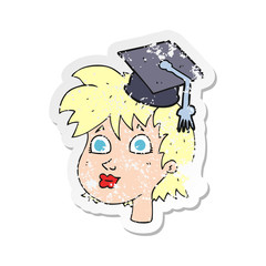 retro distressed sticker of a cartoon graduate woman