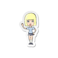 retro distressed sticker of a cartoon woman waving