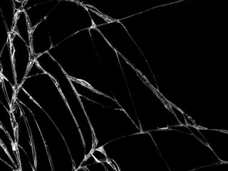 Cracked glass texture on black background. Isolated realistic cracked glass effect.