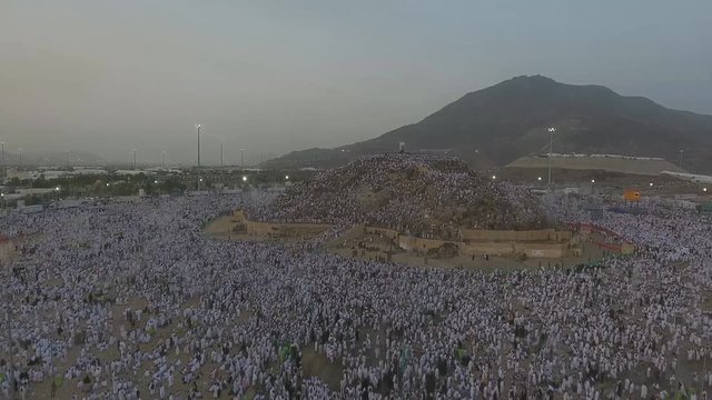 MECCA, SAUDI ARABIA. Muslims at Mount Arafat (or Jabal Rahmah) in Saudi Arabia. (aerial view)