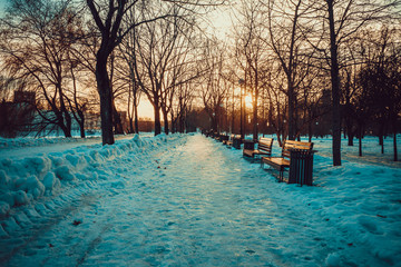 Moscow Snow Park River Walk Sunset