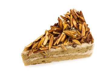 sliced almonds on cake coffee on white background 
