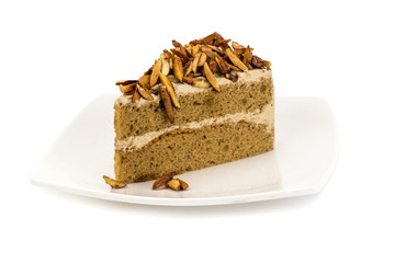 sliced almonds on cake coffee on white background 