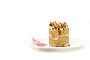 sliced almonds on cake coffee on white background 