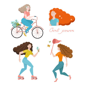 Set of happy women, flat vector illustration isolated on white background. Body positive, girl power concept - set of various happy women, girls