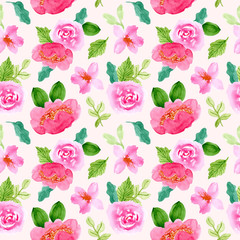 beautiful pink green flower watercolor seamless pattern