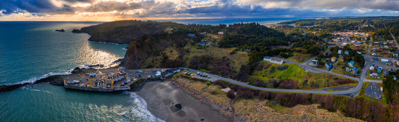 Drone photo of marina and harbor in Port Orford, Southern Oregon coast