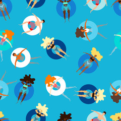 people on inflatable circles swim in the sea. seamless pattern