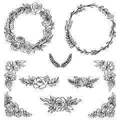 Hand Drawn Botanical Floral Bouquets and Wreaths