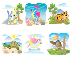 Vector animal set, Rabbit, seahorse, tiger, turtle, horse, unicorn, © artea_art