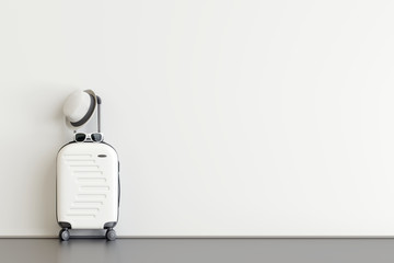 White suitcase with hat and sunglasses  in airport departure lounge. Travel concept. 3d rendering © aanbetta