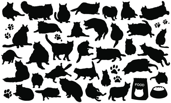 Set vector silhouettes of the fat cats and the paw prints and cat foods - Isolated on white background -太った猫のベクターイラストセット-