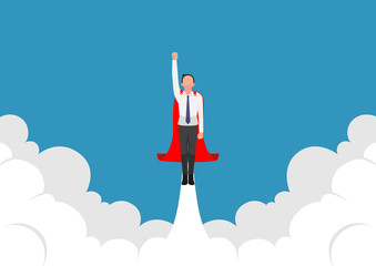 Super businessman flying up from cloud