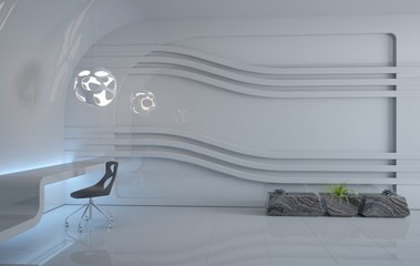 Futuristic interior design of the future. Work office. 3D illustrations